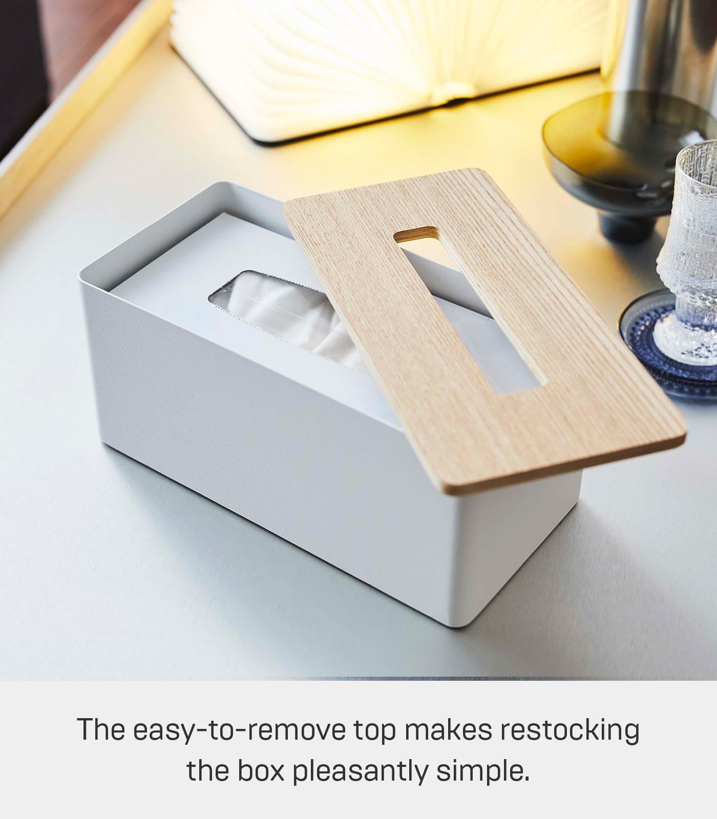 Yamazaki Home Rin Reusable Tissue Box Cover Metal Holder Container Case with Natural Wooden Lid - Steel
