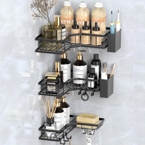 Sitlais Corner Adhesive Shower Caddy, 5-Pack Rustproof Metal Corner Shelves with 2 Storage Boxes, 18 Hooks, No Drilling Wall Mounted Bathroom Organizer for 90° Corner, Black