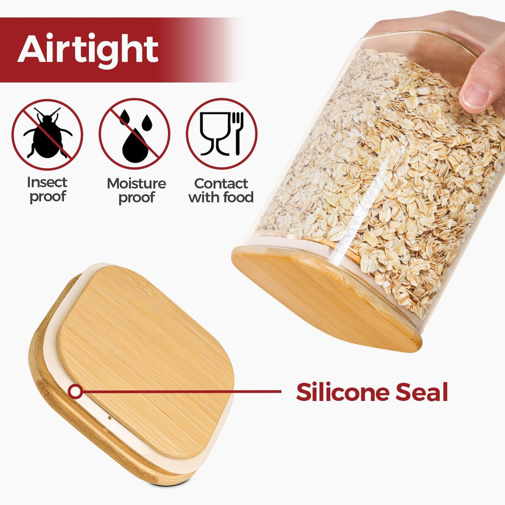 Skiennix 1Qt Airtight Glass Canisters - Bamboo Lid Square Storage for Coffee, Snacks & Dry Goods | 4-Pack
