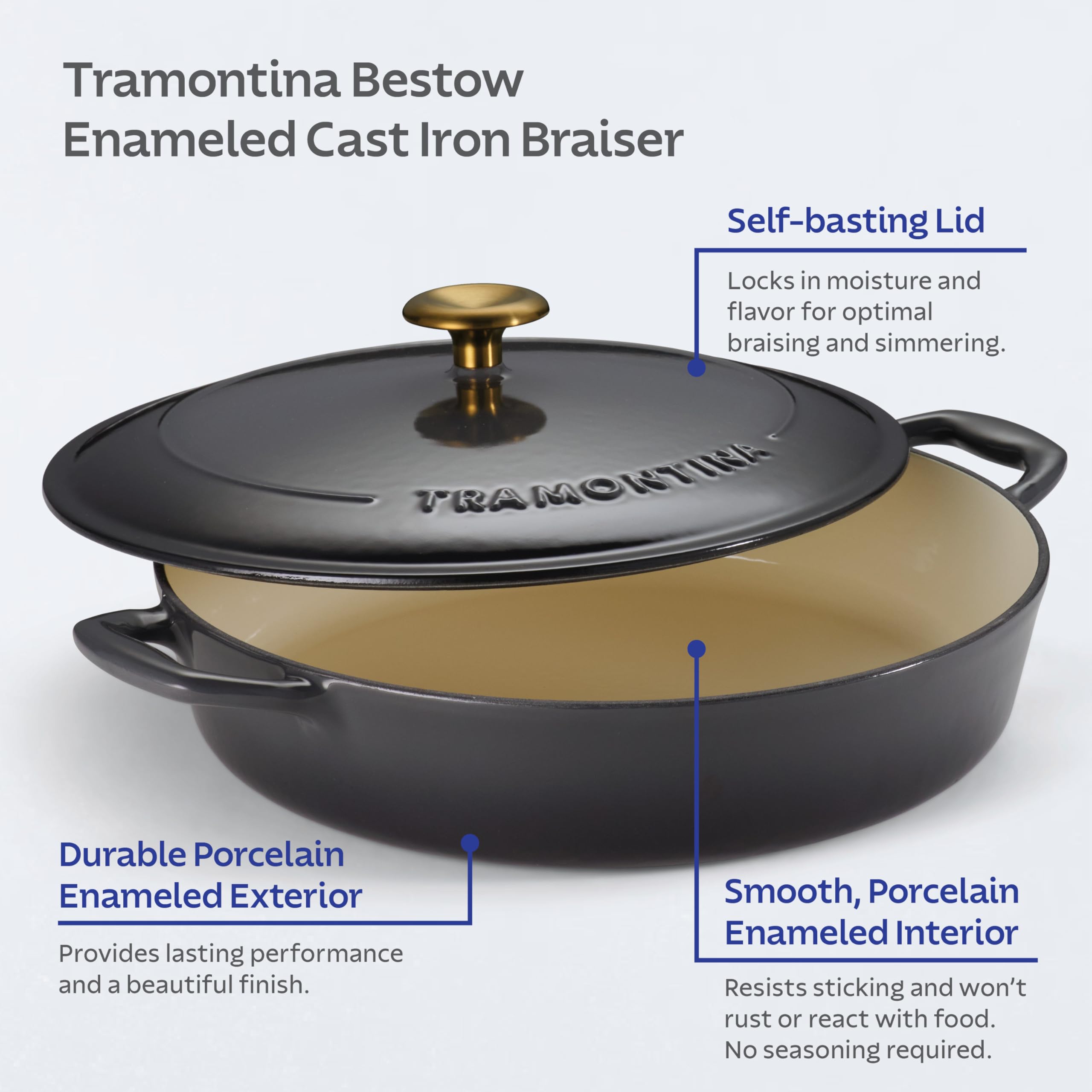 Tramontina Bestow Enameled Cast Iron Braiser Pan with Lid, 4-quart, Smoke with Gold Knob