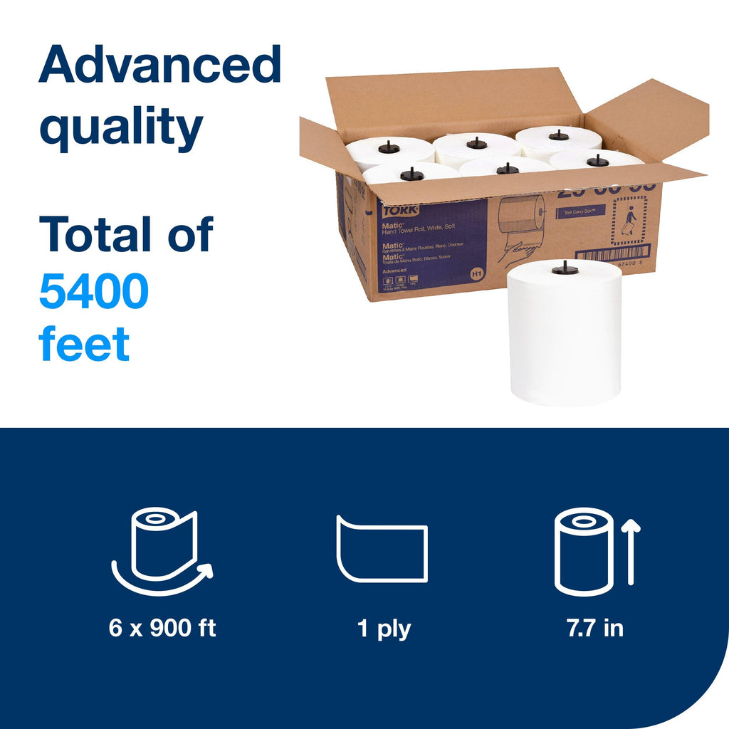 Tork Matic Soft Hand Towel Roll White H1, Advanced, High Absorbency, 6 Rolls x 900 ft, 290095