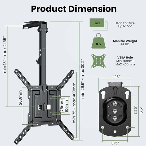 Ceiling TV-Mount Flip Down Folding - 23-55'' Manual Drop Down TV Mount, Fits Flat and Pitched Roof, Height Adjustable, Swivel, Max Load 44 lbs, Max VESA 400x400 mm, Black