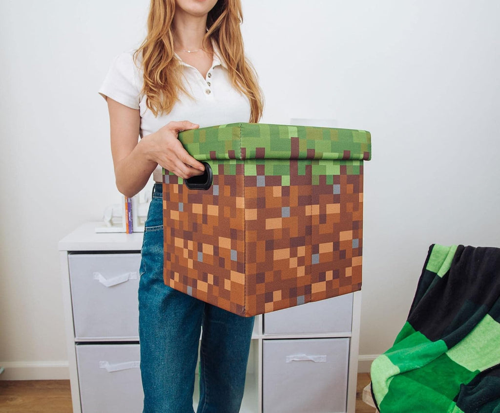 Minecraft Grassy Block Storage Bin - 13-Inch Foldable Fabric Chest with Lid | Versatile Organizer for Home Decor & Video Game Gifts