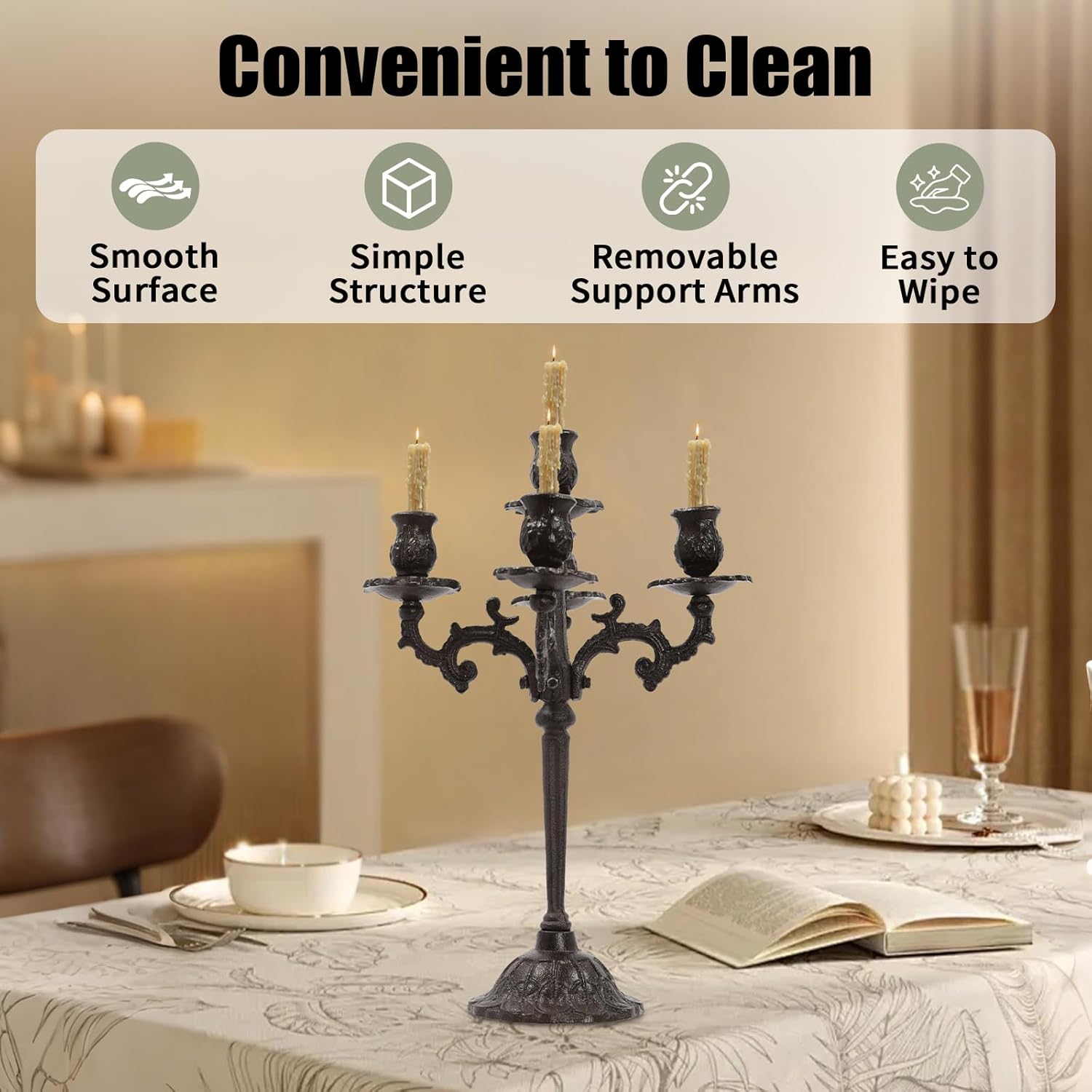 Skiennix 5-Arm Vintage Candle Holder - Heavy Duty Cast Iron Candelabra for Home Decor | Christmas & Wedding