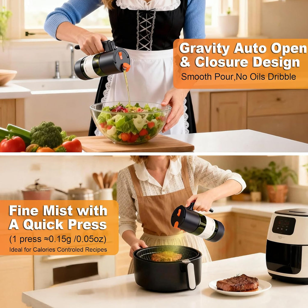 Skiennix 2-IN-1 Oil Sprayer - Light-Blocking Dark Glass Olive Oil Dispenser | 500ml/16.9oz for Cooking & BBQ