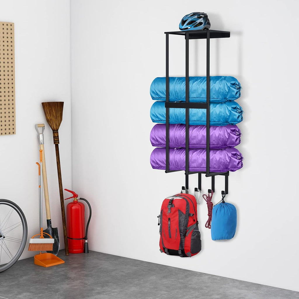 Skiennix Camping Chair Wall Storage Rack - Stainless Steel Organizer with 4 Hooks | Matte Black Finish
