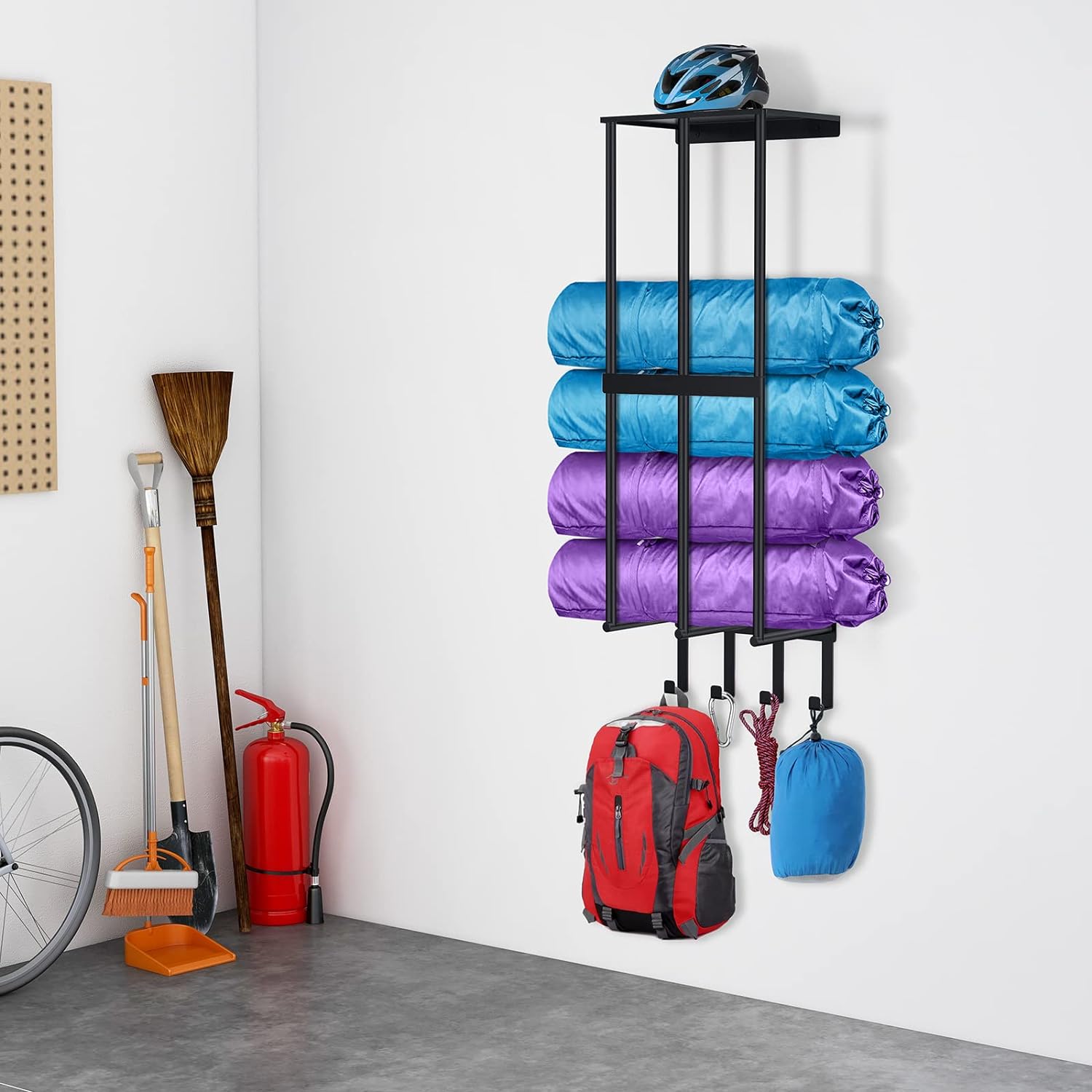 Skiennix Camping Chair Wall Storage Rack - Stainless Steel Organizer with 4 Hooks | Matte Black Finish