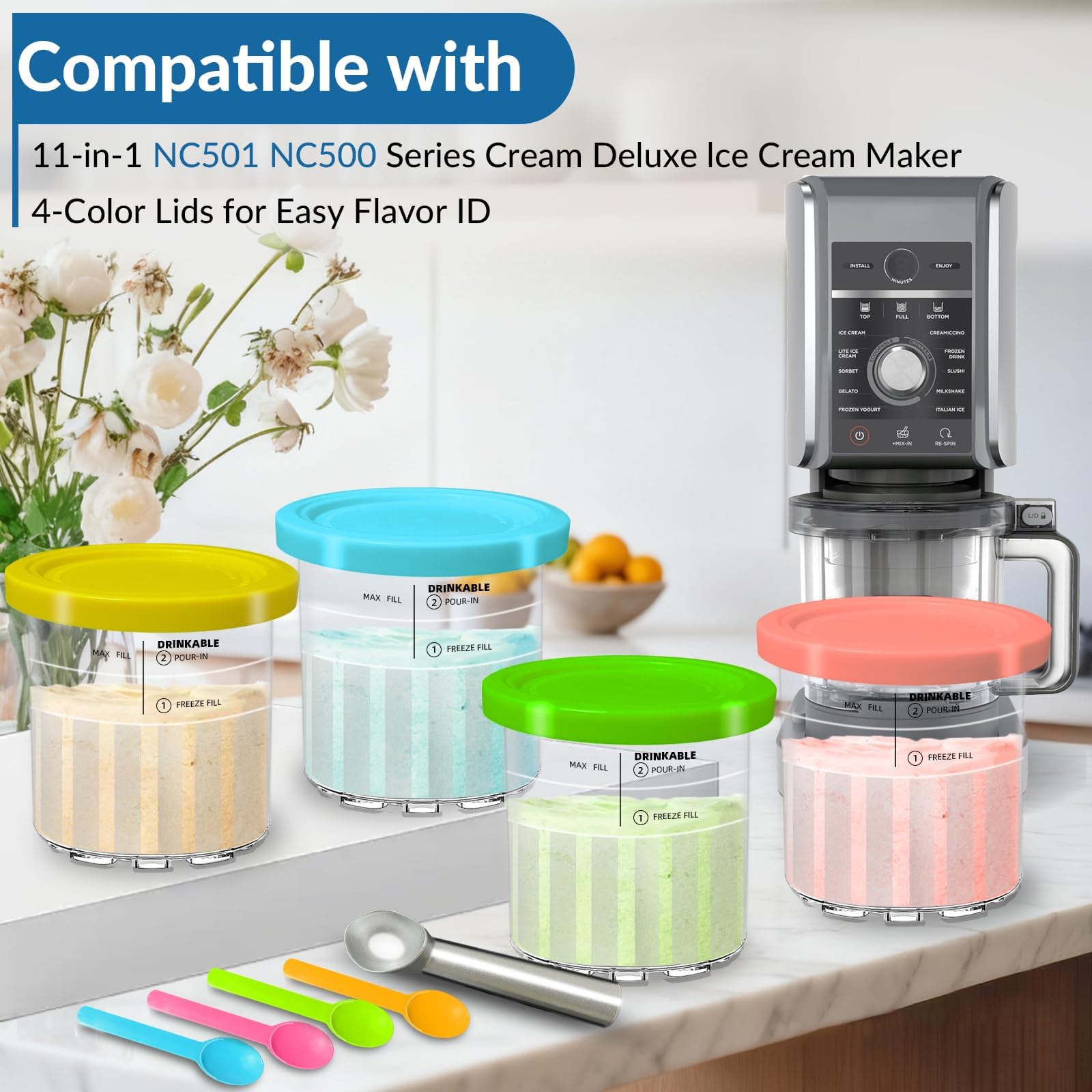 Vintrol 4 Pack Pints Creami Deluxe Pints with 4 spoons, 1 metal spoon & 4 Lids, 24oz Creami Pints Compatible with NC500 NC501 Series Ice Cream Makers Machine Accessories, BPA-Free And Dishwasher Safe