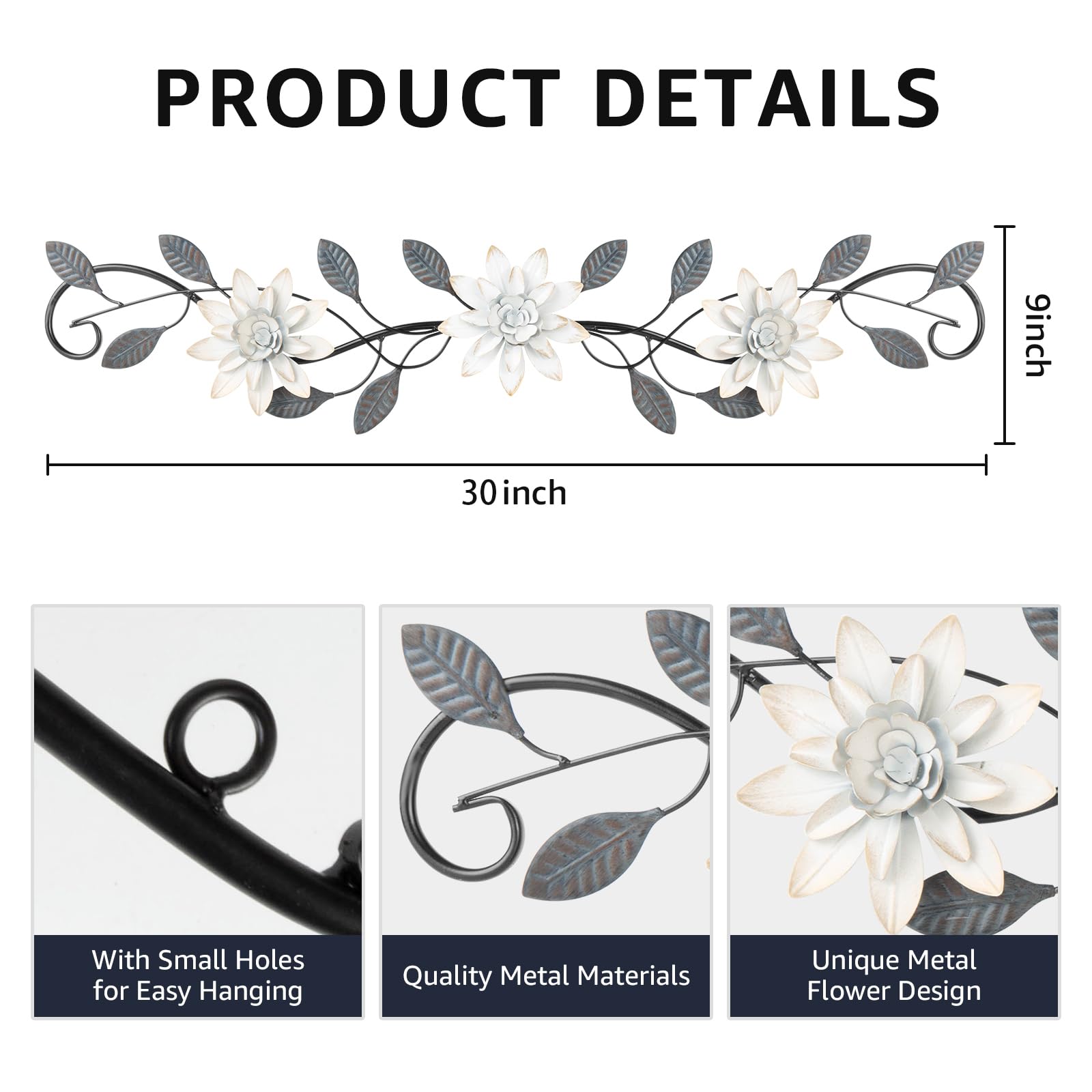 KHJCXS Metal Wall Art Modern Minimalist Metal Flowers Indoor Decor Horizontal Wall Art Iron Artwork,for Over Door,Bedroom,Living Room,Kitchen,Office Scroll Decor
