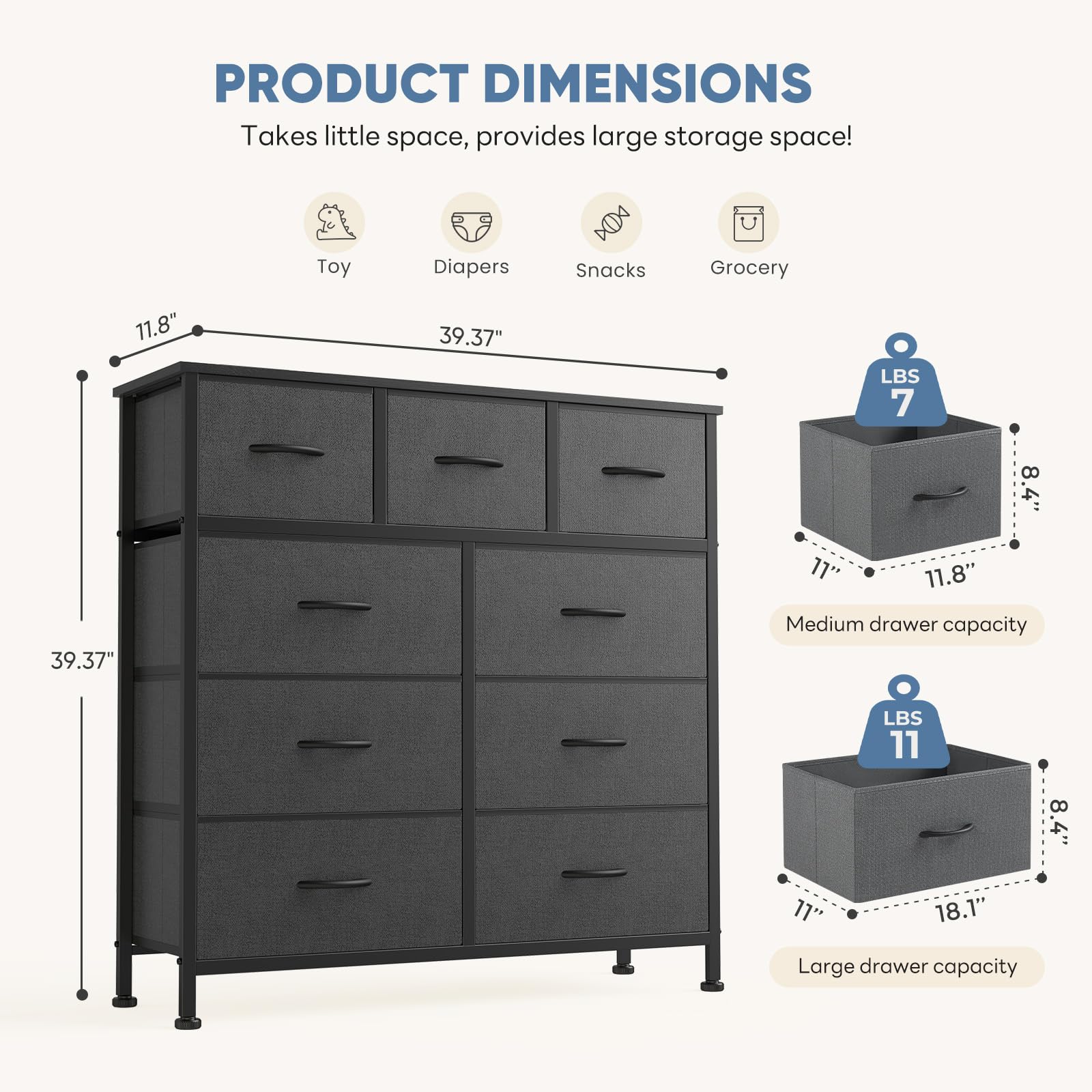 DUMOS 9 Drawer Dresser, Fabric Storage Organizer with Sturdy Metal Frame and Wooden Top, Modern Chest of Drawers for Bedroom Closet Entryway,Grey