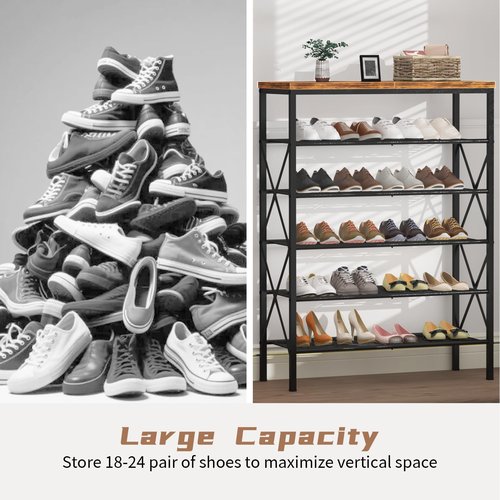TIFFLOI 6-Tier Shoe Rack Organizer, Large Capacity Shoe Storage Shelf for Entryway, Closet, Rustic Brown & Black, Metal Mesh Shelves, Holds up to 24 Pairs of Shoes, Easy Assembly, Adjustable Feet