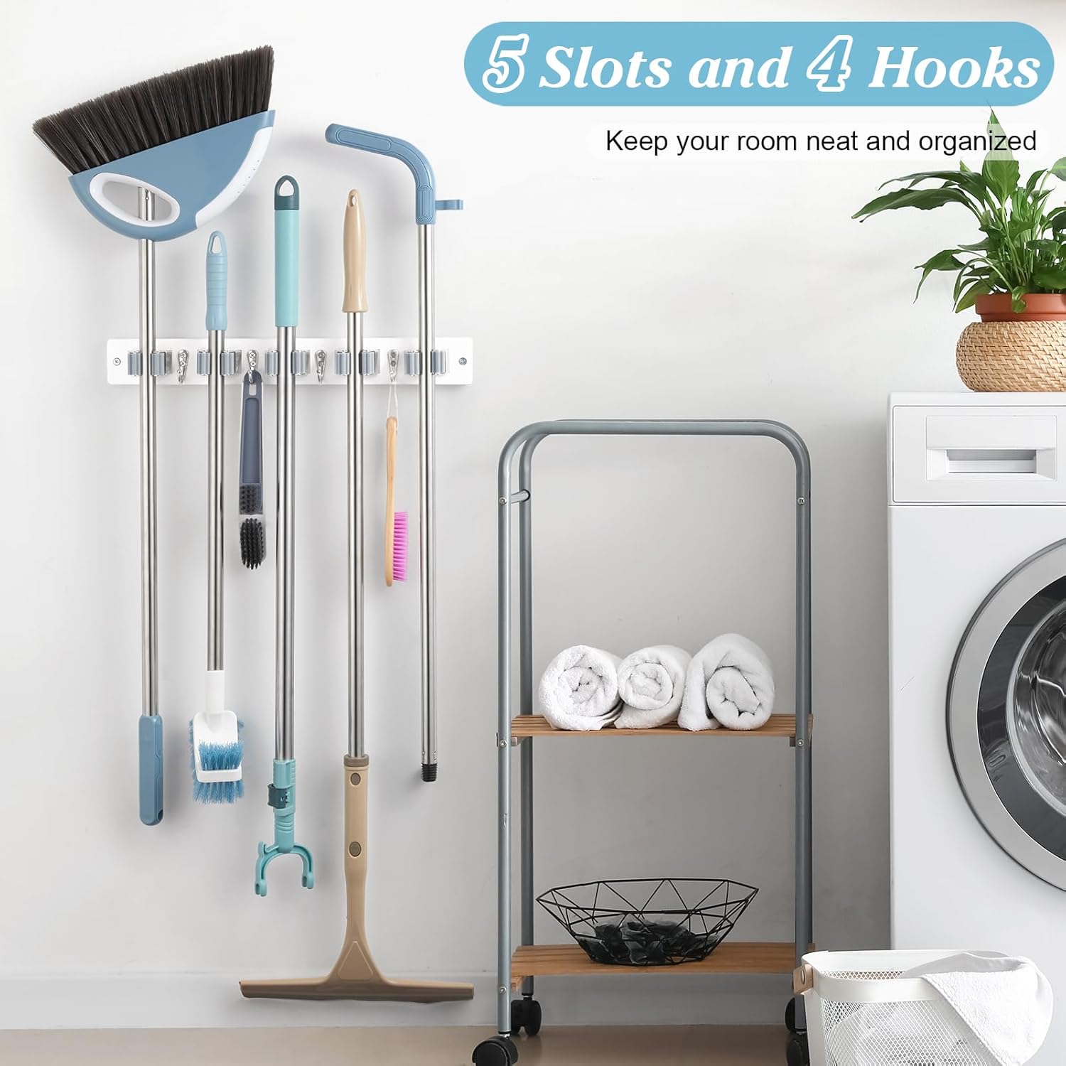 White Broom Holder Wall Mount - Heavy Duty Organizer with 5 Slots & 4 Hooks | Ideal for Laundry, Kitchen & Garage Storage