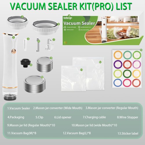 Kelongn 3-IN-1 Compact Vacuum Sealer for Food with Reusable Bags & Mason Jar Kit, Ultra-long 100-minutes Vacuuming Time, 6X Freshness Keep for Home Kitchen RV Travel Seal Meal