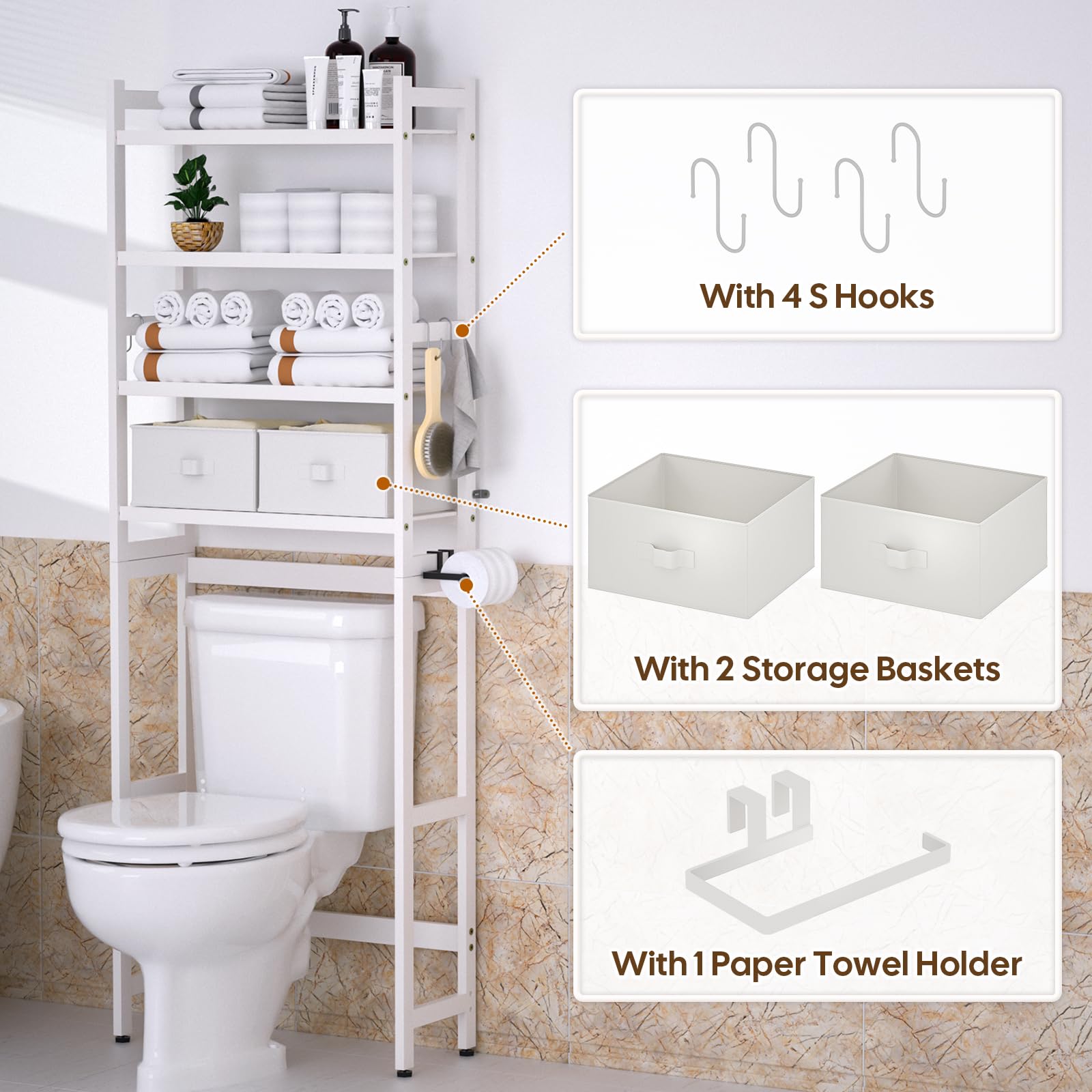 Cozivolife Over The Toilet Storage: 4-Tier Bamboo Organizer Rack with 2 Baskets & Paper Holder & 4 Hooks & Waterproof Feet Pad, Adjustable Freestanding Shelf for Bathroom (White)