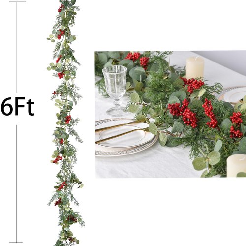 Lvydec Christmas 6Ft Pine Christmas Garland, Realistic Artificial Faux Greenery Garland with Berry and Eucalyptus Leaves Cypress Garland for Mantle Holiday Fireplace Winter Decor