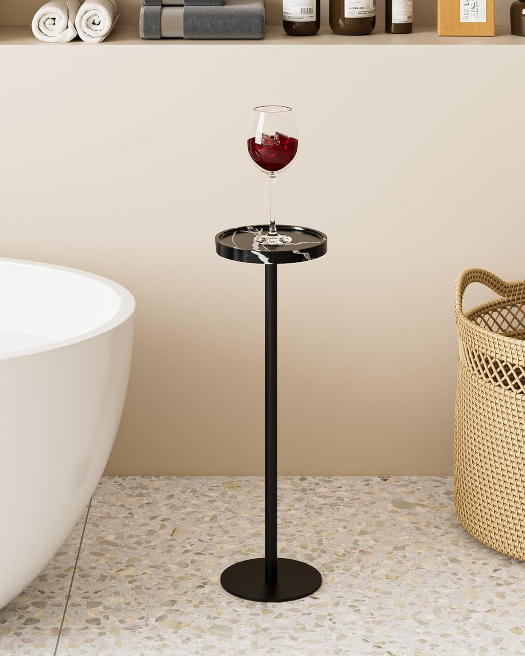 AEPOALUA Drink Table, Small Pedestal Side Table, Round Cocktail Table, Circle Accent End Table with Metal Base, for Small Spaces (1, Black Marble)