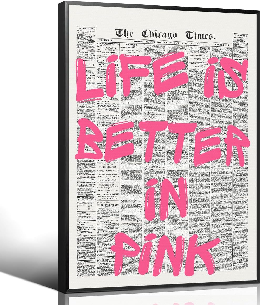 OAOPIC Life Is Better In Pink Quote Poster - Vintage Black & White Canvas Wall Art | Motivational 8x12in Unframed Decor