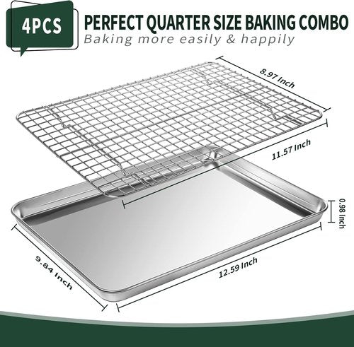 CEKEE Quarter Sheet Pan Set - Stainless Steel Baking Sheets & Cooling Racks | Rust & Warp Resistant, 12 x 9.8 x 1 Inch