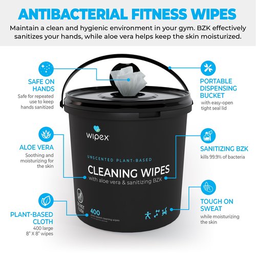Wipex Gym & Fitness Cleaning Wipes, 400ct Dispensing Bucket with Sanitizing BZK for Hands, Great for Gym, Studios and Fitness Centers 400 Count (Pack of 1)