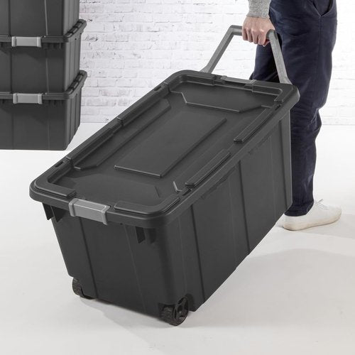Heavy-Duty 40 Gal Wheeled Storage Bin - Large Plastic Tote with Lid for Garage, Camping & Moving - Black