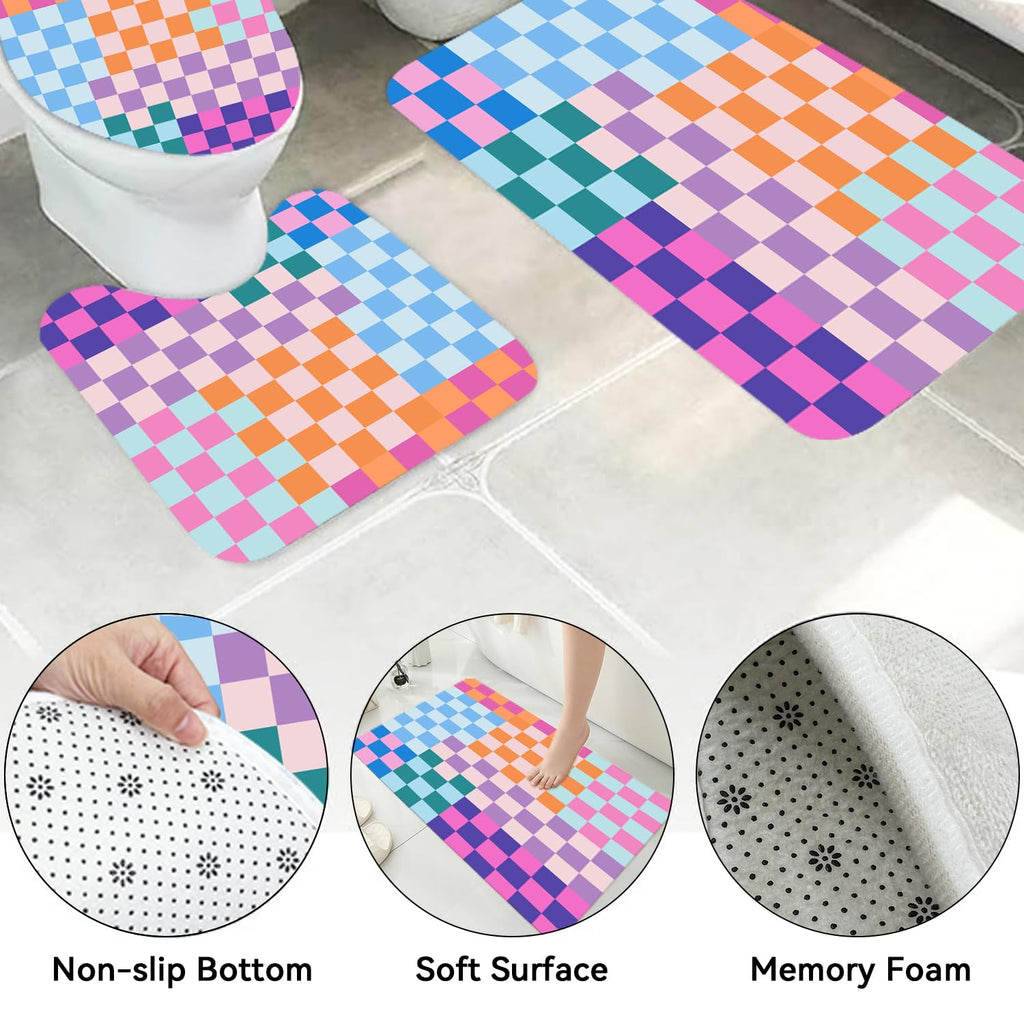 Vostolaiv 4 PCS Checkered Shower Curtain Sets Fun Gingham Bathroom Sets Soft Non Slip Bath Rugs Toilet Cover U-Shaped Mat Retro Bright Waterproof Shower Curtains with 12 Hooks for Tub Toilet, Colorful