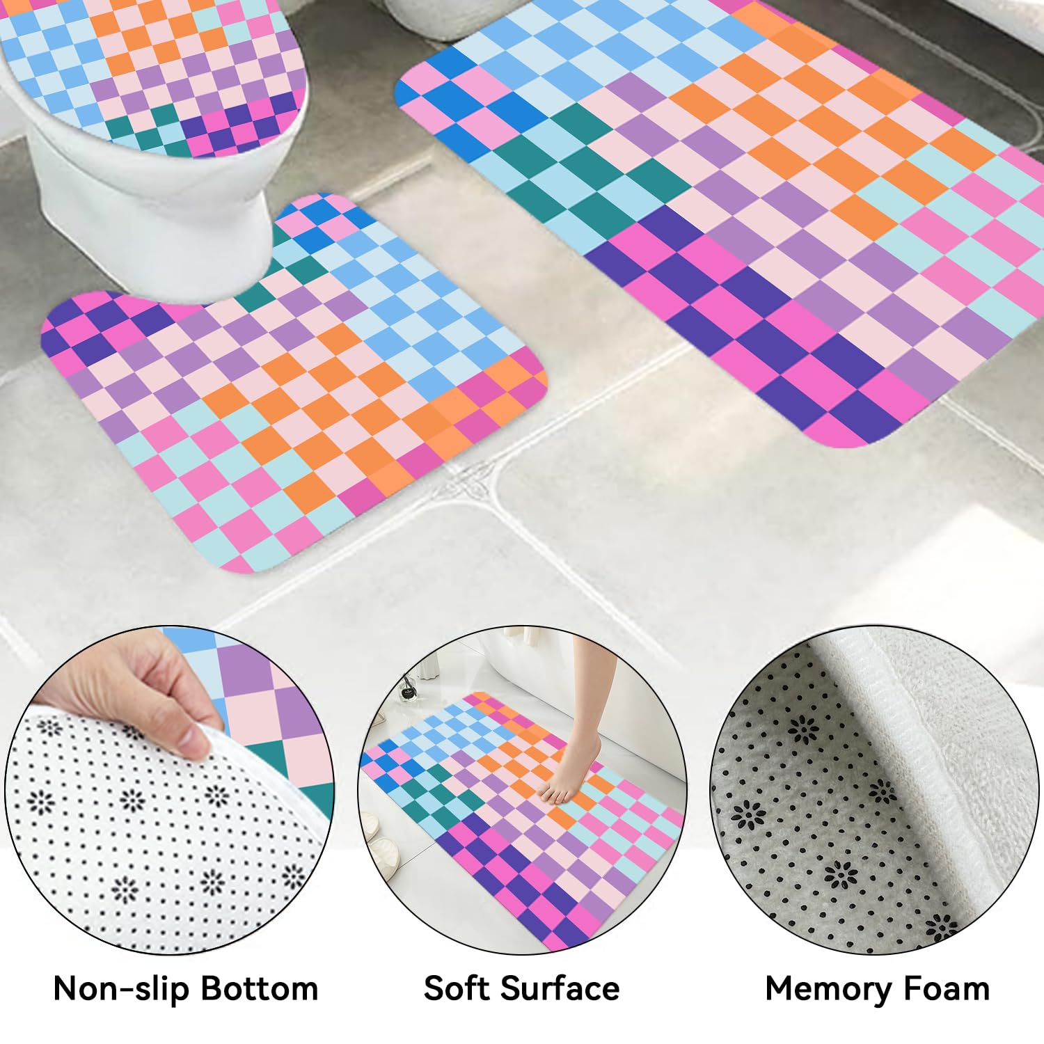 Vostolaiv 4 PCS Checkered Shower Curtain Sets Fun Gingham Bathroom Sets Soft Non Slip Bath Rugs Toilet Cover U-Shaped Mat Retro Bright Waterproof Shower Curtains with 12 Hooks for Tub Toilet, Colorful