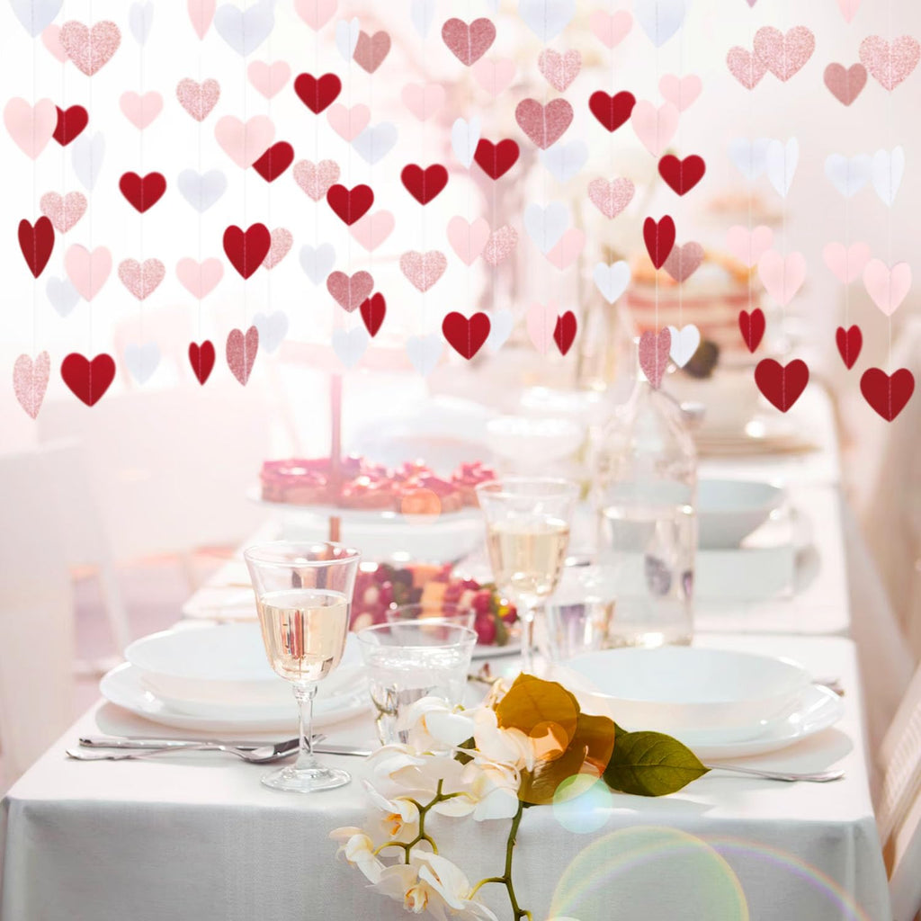 XIANMU 8 Strands Heart Garland Valentines Day Heart Paper Streamers Banner Rose-Gold Pink Burgundy-Red Party Decorations for Mothers Day Wedding Engagement Party Supplies