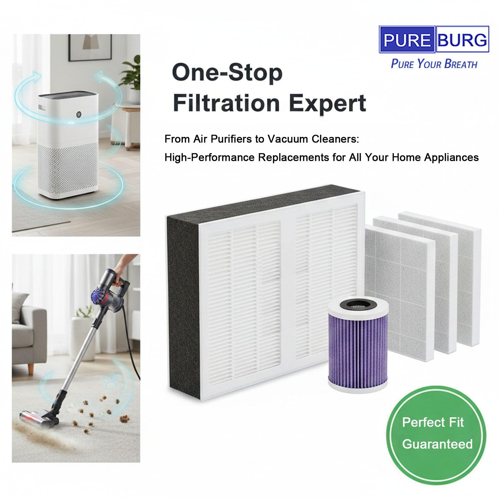 PUREBURG FLT5600 Replacement Filter Set Compatible with GermGuardian AC5600WDLX AC5600W AC5600WFL Air Purifier FLT56CB4 Filter N, Pack of 2, H13 True HEPA Activated Carbon