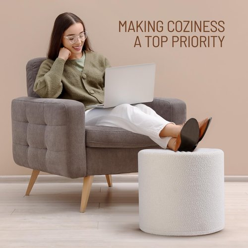 KKdema Round Pouf Ottoman and Foot Rest, Soft Boucle Footstool Ottomans for Living Room, Comfort Sponge Stuffed Poofs for Couch Desk Resting Your Feet, White(17.1" D x 17.1" W x 14" H)