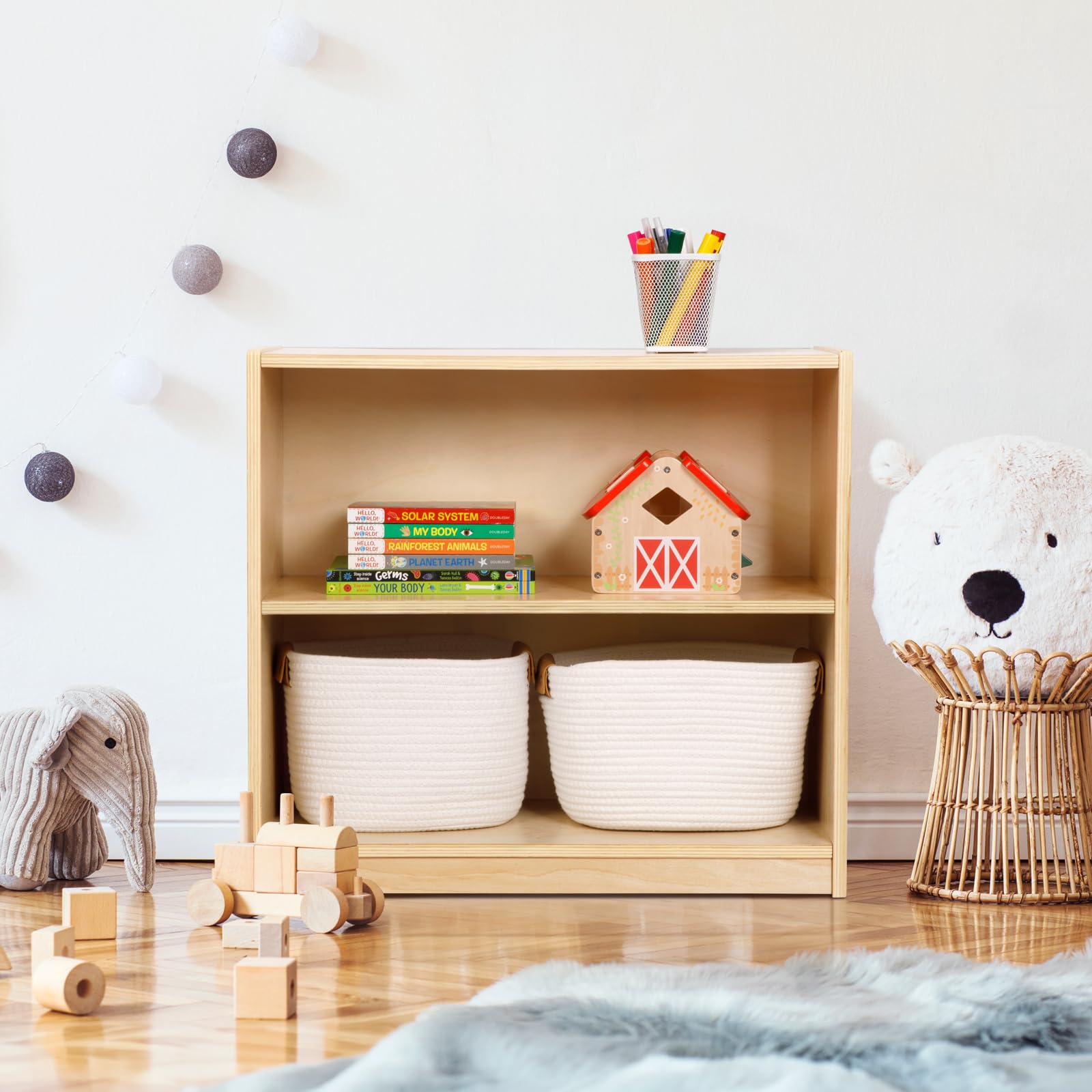 OOOK Montessori Toy Shelf, 2-Tier Wooden Storage Shelf for Kids, Modern Style, Kids Bookshelf and Toy Storage, Classroom, Kindergarten, Playroom, Daycare Center
