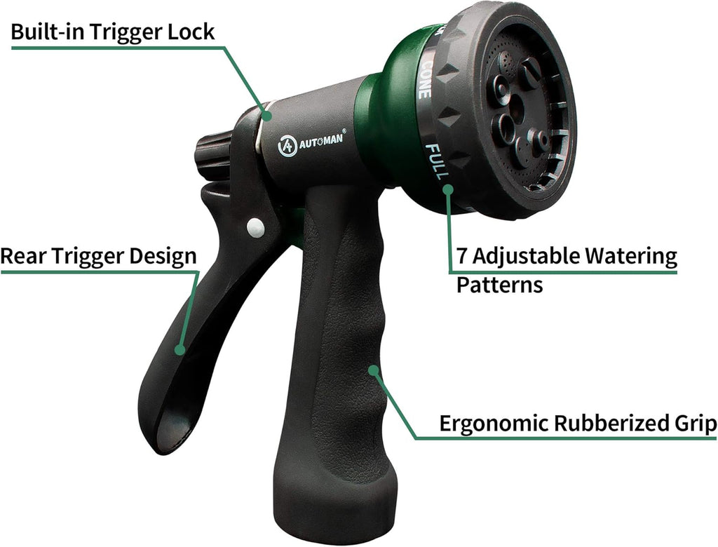 AUTOMAN Garden Hose Nozzle - ABS Water Spray with 7 Adjustable Patterns | Slip Resistant for Plants & Pets