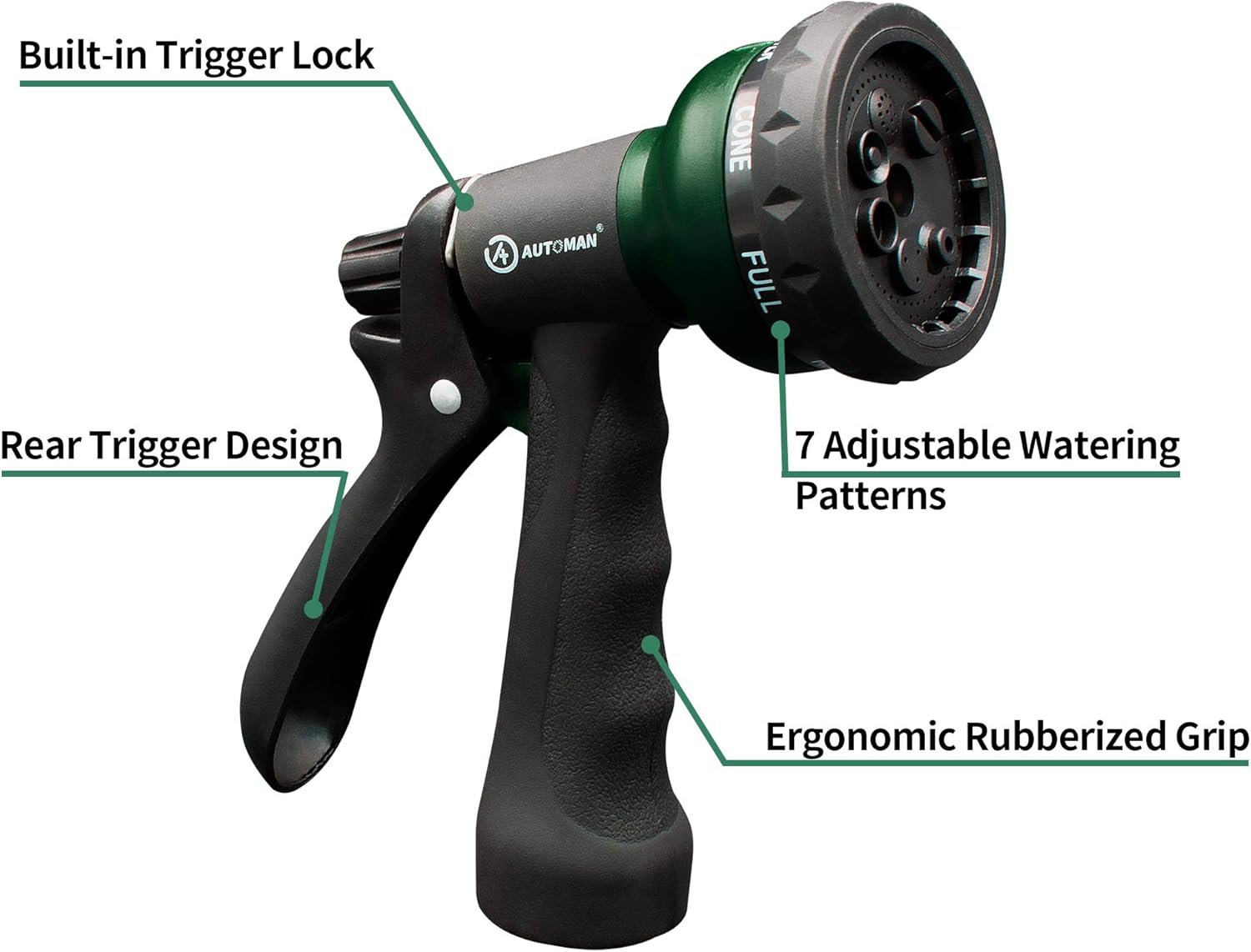 AUTOMAN Garden Hose Nozzle - ABS Water Spray with 7 Adjustable Patterns | Slip Resistant for Plants & Pets