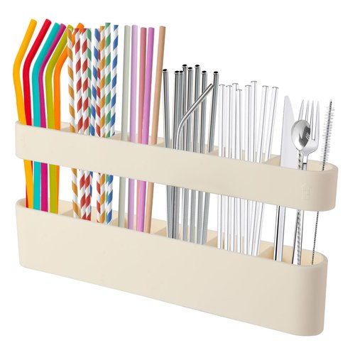 9.6'' Large Silicone Straw Holder for Cabinet Door, Space-Saving Straw Organizer Container with Adhesive Tape, Stylish Kitchen Organizers and Storage Accessories for Cabinet, Cupboard, Counter, RVs