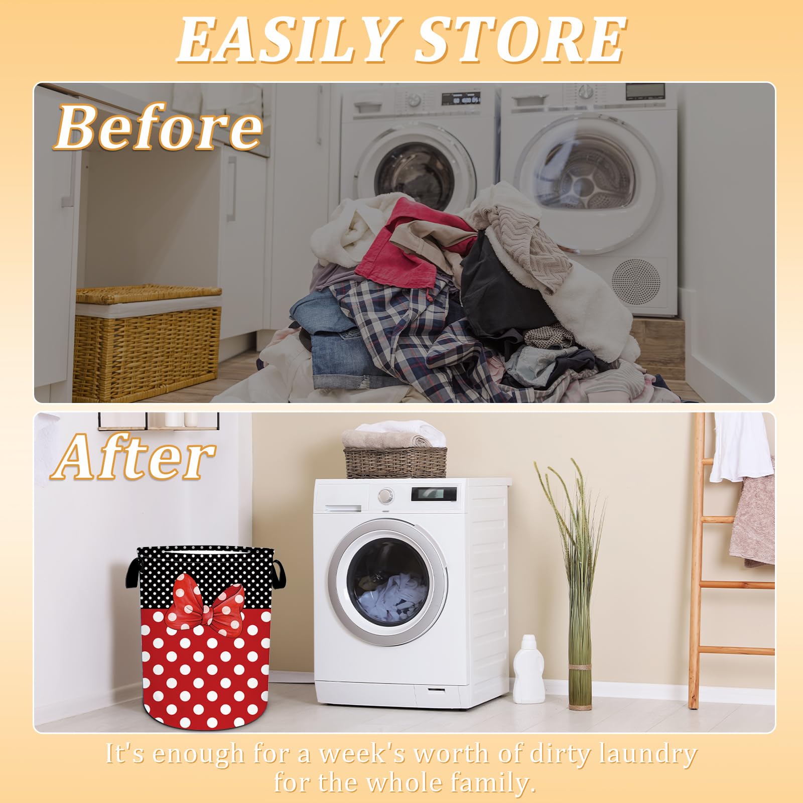 Black Red Polka Dot Laundry Basket, Cute Bow Tie Laundry Hamper Foldable Waterproof Funny Tote Bag Dirty Clothes Storage Bucket Toy Organizer for Bathroom/Laundry/Bedroom 15.7"x19.6"