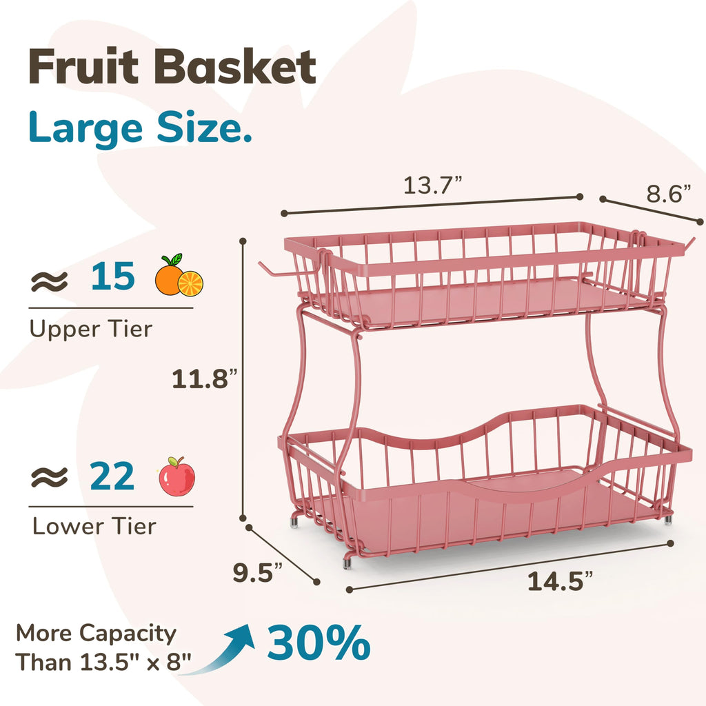 Zurklulu Pink 2 Tier Large Fruit Basket for Kitchen Counter with 2 Banana Hangers, Metal Fruit Bowl for Onion Vegetable Bread Snack, Countertop Organizer – 14.5" W x 9.5" D