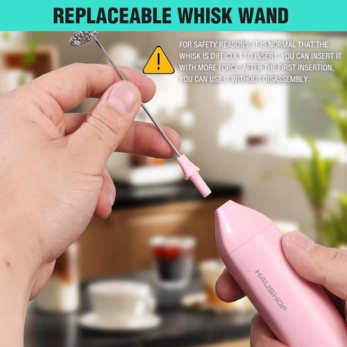 HAUSHOF Rechargeable Milk Frother Wand - Handheld Electric Foam Maker with Stand & Stainless Steel Whisk | Pink