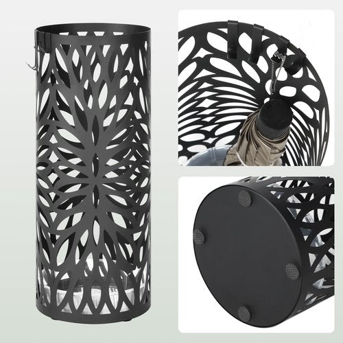 SONGMICS Umbrella Stand, Umbrella Holder for Entryway, Steel Round Umbrella Rack Freestanding, for Canes Walking Sticks, with a Detachable Drip Tray, 2 Long and 2 Short Hooks, Matte Black ULUC022B01