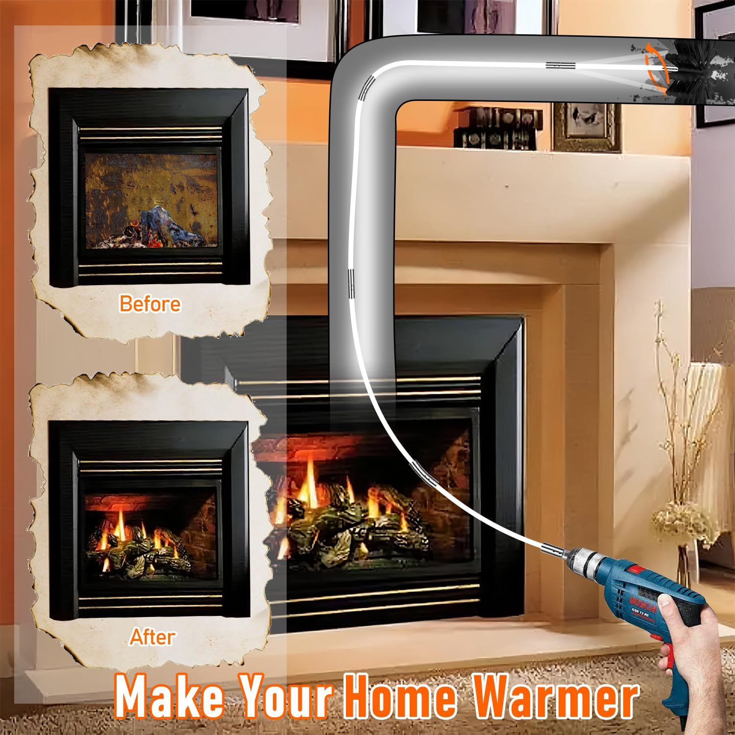Skiennix 30-Foot Chimney Sweep Kit - 8-Inch Brush Head & Dryer Vent Cleaner with 23 Flexible Rods