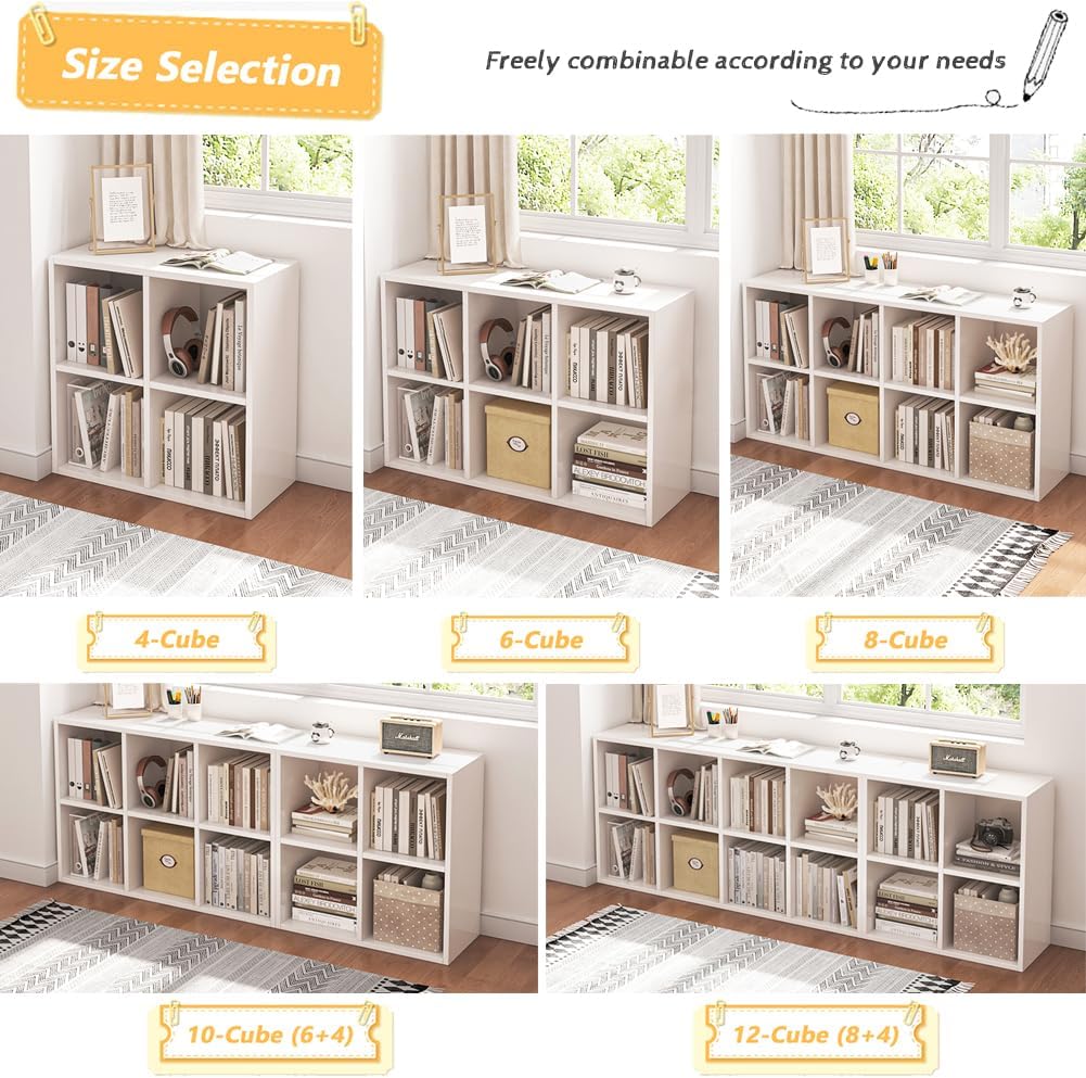 NELYE 4 Cube Organizer Bookcase - Stylish White Fabric Storage Bins with Open Shelves