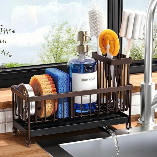 Cisily Brown Sponge Holder - Rustproof 304 Stainless Steel Kitchen Sink Caddy Organizer | High Brush Storage