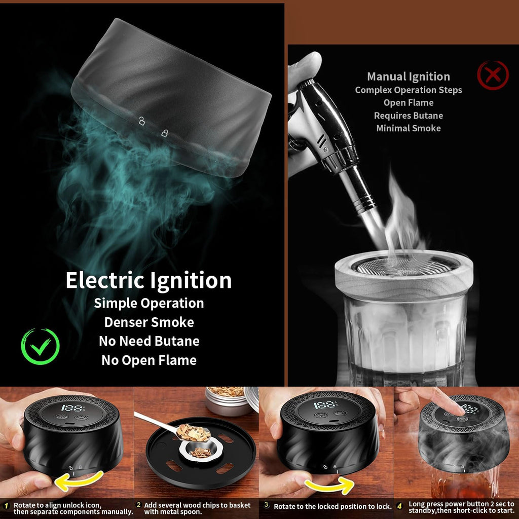 Electric Whiskey Smoker Kit, Fathers Day Mens Gifts for Men Dad Husband from Daughter Son Wife, Rechargeable Cocktail Smoker with 6 Wood Chips Built-in Lighter, Old Fashioned Bourbon Drink Smoker Kit