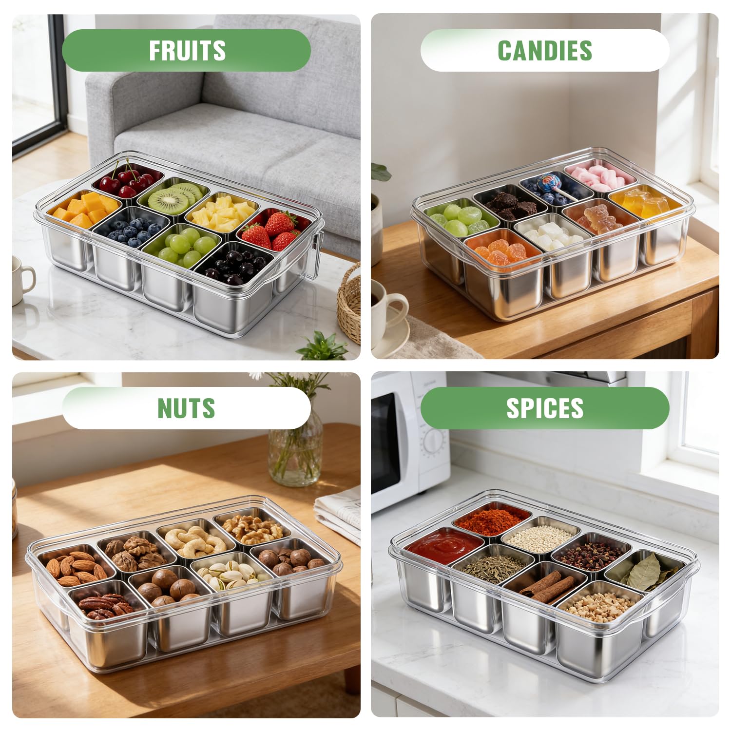 Snackle Box Container, 304 Stainless Steel Divided Serving Tray with Lid and Handle, Portable 4 Compartments Veggie Tray for Fruits,Veggies,Nuts &Candy, Dishwasher Safe for Travel,Picnic,Beach&Parties