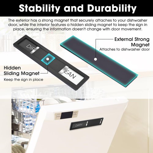 Dishwasher Magnet Clean Dirty Sign, HYF DESIGN Grade 304 Stainless Steel, Non-Scratch/Easy to Read & Slide/Strong Clean Dirty Magnet for Dishwasher, Extra Adhesive Tapes Included(Black-04)