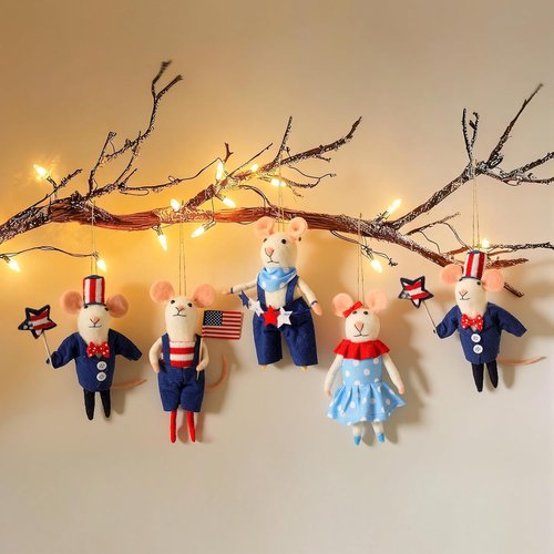 Hahafelt 4 Pcs 4th of July Felt Mice Ornaments - Cute Handmade Patriotic Wool Mice Set | 3.94 Inch