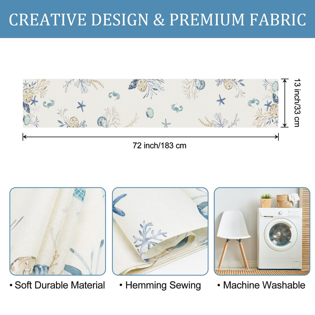 Bonhause Nautical Coastal Table Runner 13x72 Inch Ocean Beach Seahorse Starfish Seashell Summer Kitchen Dinning Table Decoration for Indoor Outdoor Home Party Decor