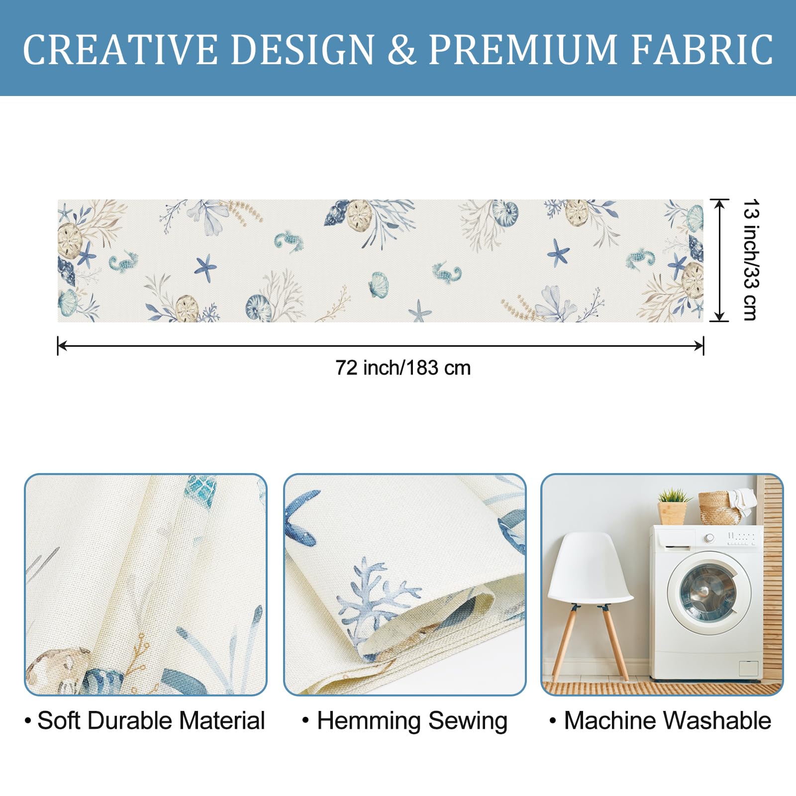 Bonhause Nautical Coastal Table Runner 13x72 Inch Ocean Beach Seahorse Starfish Seashell Summer Kitchen Dinning Table Decoration for Indoor Outdoor Home Party Decor