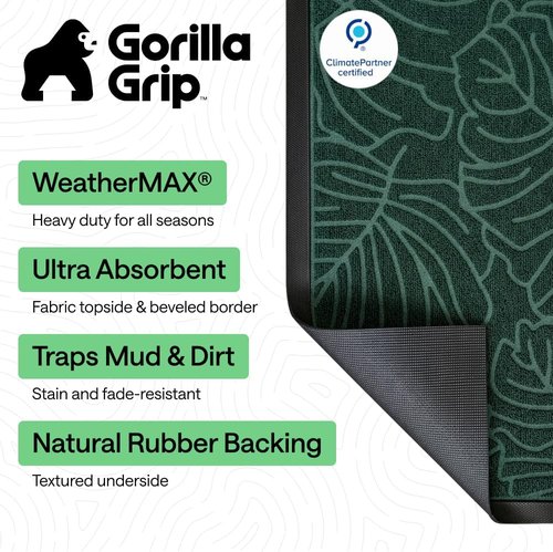 GORILLA GRIP Waterproof All-Season WeatherMAX Doormat - 35x23 Natural Rubber, Stain & Fade Resistant, Easy Clean Green Palm