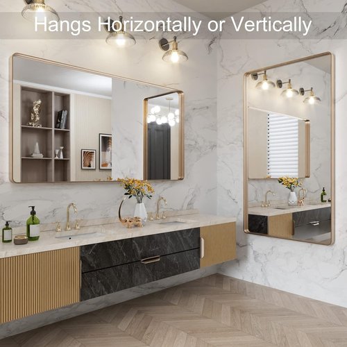 LOAAO Gold Bathroom Mirror - 55”X30” Rounded Rectangle Design | Brushed Gold Frame, Anti-Rust, Wall-Mounted