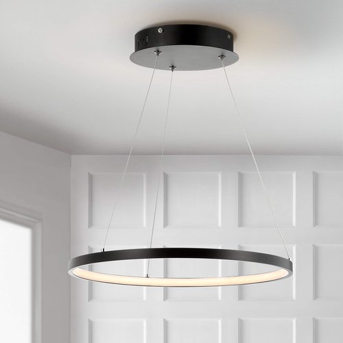 JONATHAN Y 15.75" Matte Black Modern Integrated LED Pendant Light, Dimmable Round Hoop Chandelier for Kitchen Island, Dining Room, Adjustable Height Metal Hanging Light JYL7202A