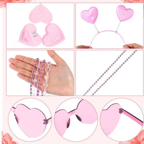 Kanayu 72 Pcs Valentine's Day Accessories Set Include 24 Heart Headbands Head Boppers 24 Heart Shape Sunglasses 24 Beaded Necklace for Valentine Party Favors Costume Supply(Pink)